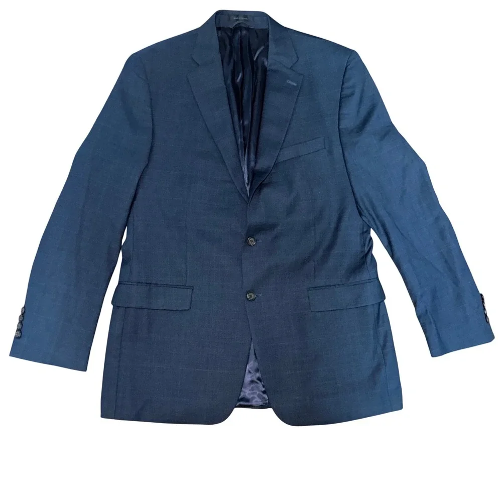 Lauren Ralph Lauren Mens 44L 100% Wool Navy Blue Windowpane Blazer Union Made